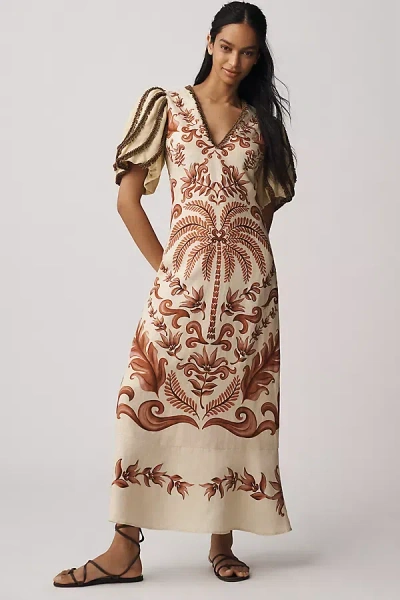 Farm Rio V-neck Puff-sleeve Linen Maxi Dress In Neutral