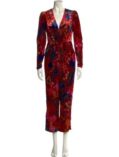 Pre-owned Farm Rio Velvet Printed Jumpsuit In Red