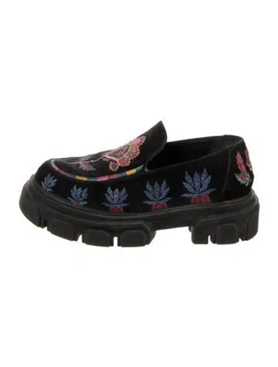 Pre-owned Farm Rio Velvet Printed Loafers In Black
