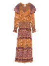 Farm Rio Colorful Birds Camel Smocking Long Sleeve Maxi Dress