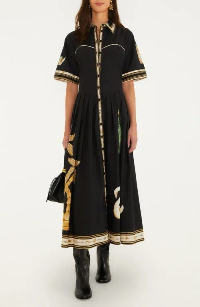 Farm Rio Souvenirs Pleated-skirt Midi Shirt Dress In Black