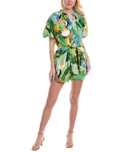 Farm Rio Vintage Toucans Linen-blend Romper In Green