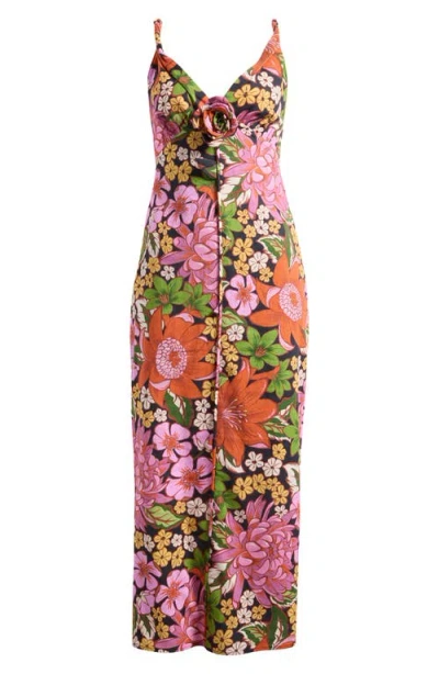 Farm Rio Vivi Rosette Detail Floral Linen Blend Maxi Dress
