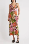 Farm Rio Vivi Rosette Detail Floral Linen Blend Maxi Dress In Multi