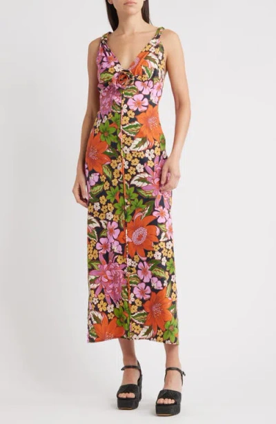 Farm Rio Vivi Rosette Detail Floral Linen Blend Maxi Dress In Multi