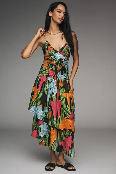 Farm Rio V-neck A-line Linen Midi Dress In Black