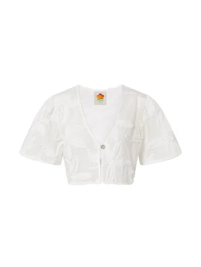 Farm Rio V-neck Embroidered Cotton Blouse In White