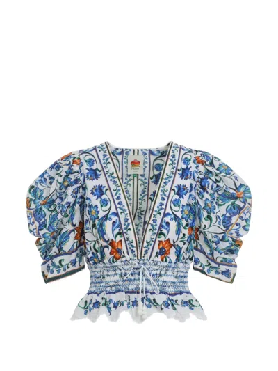 Farm Rio V-neck Floral-pattern Top In Blue