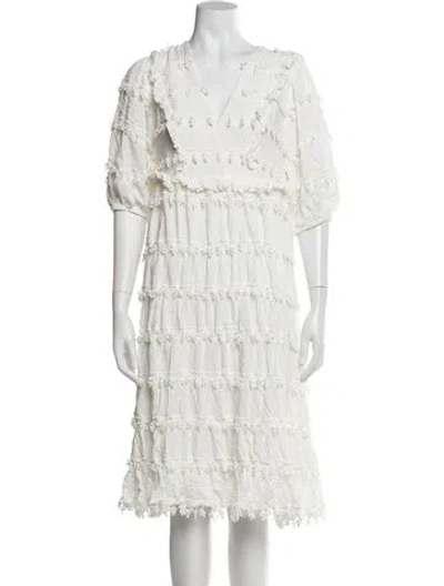 Pre-owned Farm Rio V-neck Knee-length Dress In White