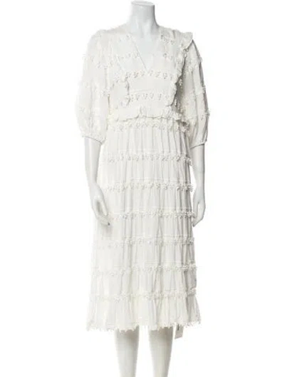 Pre-owned Farm Rio V-neck Midi Length Dress In White