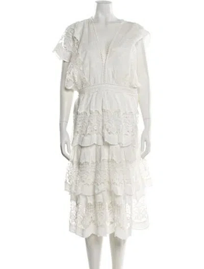 Pre-owned Farm Rio V-neck Midi Length Dress In White