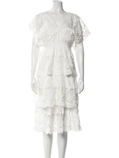 Pre-owned Farm Rio V-neck Midi Length Dress In White