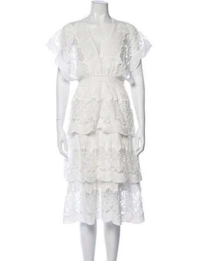 Pre-owned Farm Rio V-neck Midi Length Dress In White