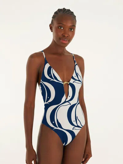 Farm Rio V-neck One-piece Swimsuit With All-over Print In Bianco