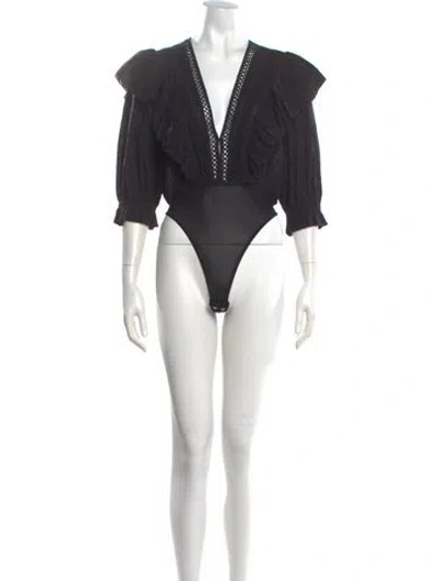 Pre-owned Farm Rio V-neck Three-quarter Sleeve Bodysuit In Black