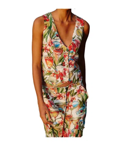 Farm Rio Cocktail Print Linen Vest In Off-white Sand In Multi