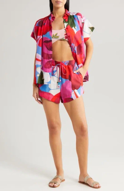 FARM RIO WATERCOLOR FLORAL COTTON COVER-UP SHORTS