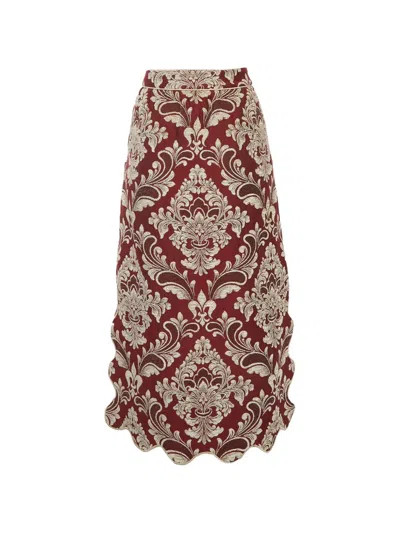 Pre-owned Farm Rio Waves Floral-jacquard Midi Skirt In Red