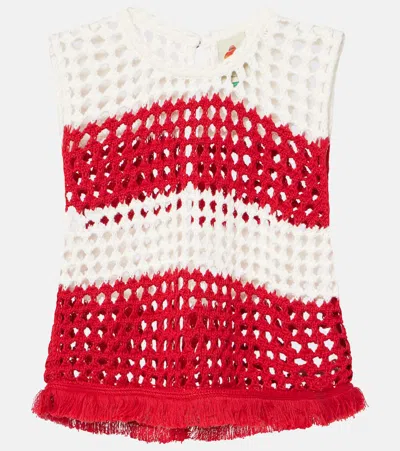 Farm Rio Striped Crochet Cotton Waistcoat In Red/white