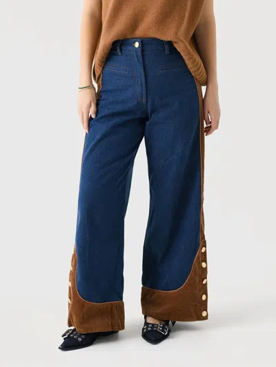 Farm Rio Western Denim Wide Low Waisted Pants In Denim Brown In Multi