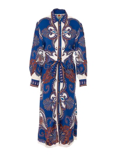 Farm Rio Blue Arabesque Scarf Lenzing Ecovero Viscose Midi Dress In Multi