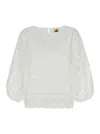 Farm Rio White Blouse With Puffed Sleeves In Techno Fabric Woman In White