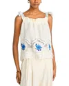 Farm Rio Daisy Embroidered Linen-blend Gauze And Lace Top In White