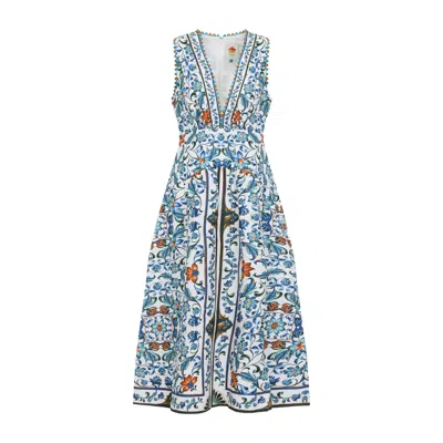 Farm Rio White Linen Midi Dress In Blue