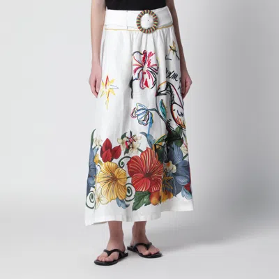Farm Rio White Linen Skirt With Tropical Embroidery