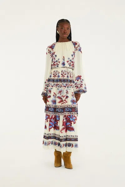 Farm Rio White Malu Winter Cut-out Long Sleeve Maxi Dress In Multi