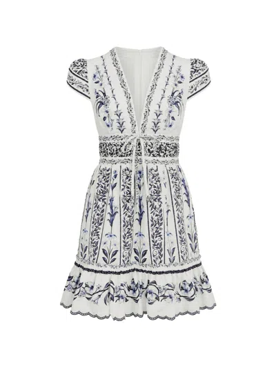 Farm Rio White Midi Dress With V-neck And Blue Floral Pattern