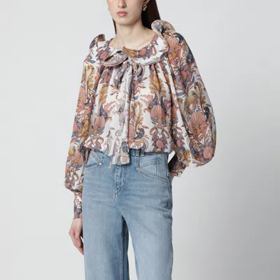 Farm Rio White Sea Garden Blouse With Ruffles In Multi