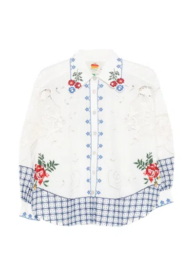 Farm Rio White Shirt With Blue Checkered Decorations And Red Flowers