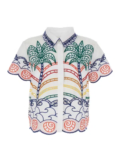Farm Rio White Shirt With Classic Collar And Tropical Embroidery In Cotton Woman In Multi