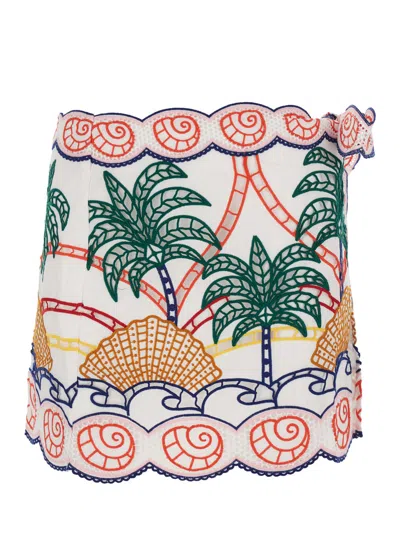 Farm Rio White Skirt With Side Knot Closure And All-over Tropical Embroidery In Cotton Woman