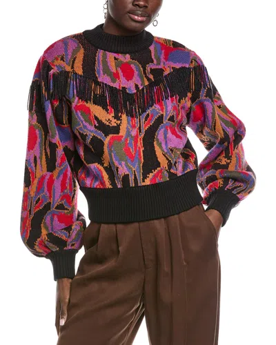 Farm Rio Wild Horses Black Fringe Wool-blend Sweater In Multi