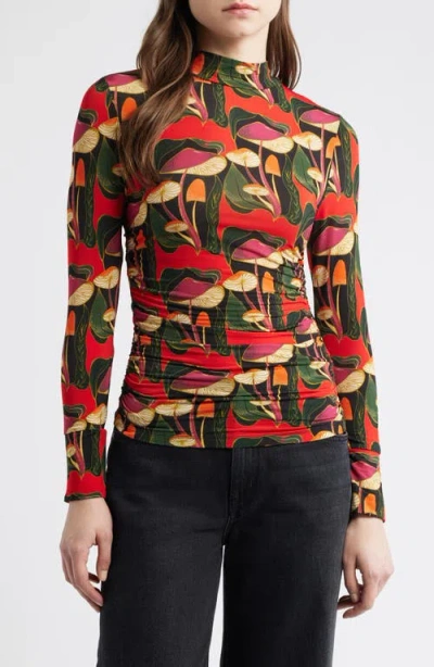 Farm Rio Wild Mushrooms Long Sleeve Mock Neck Jersey Top In Multi