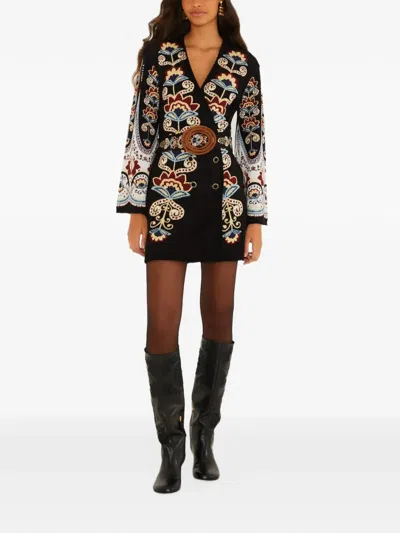 Farm Rio Winter Floral Belted Knit Mini Dress In Black