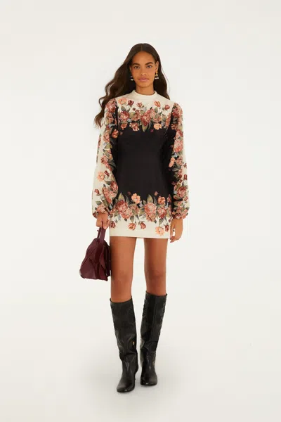 Farm Rio Winter Floral Long Sleeve Mini Dress In Blue
