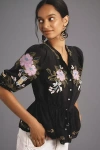 Farm Rio Winter Garden Embroidered Puff-sleeve Top In Black