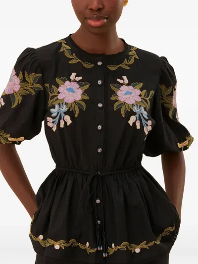 Farm Rio Winter Garden Embroidered Puff-sleeve Top In Multi
