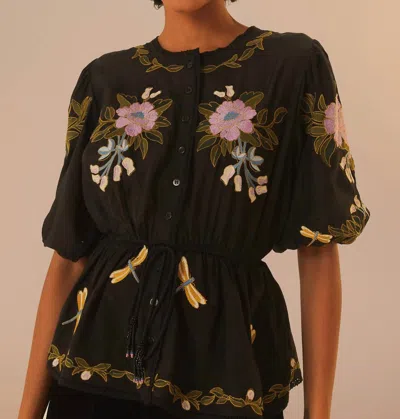 Farm Rio Winter Garden Embroidered Short Sleeve Blouse In Black