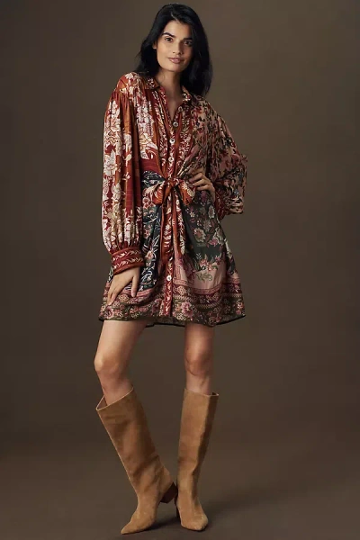 Farm Rio Winter Garden Mix Long-sleeve Mini Shirt Dress In Multi