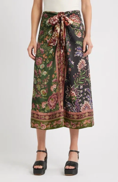 Farm Rio Winter Garden Mix Print Tie Front Midi Skirt In Burgundy