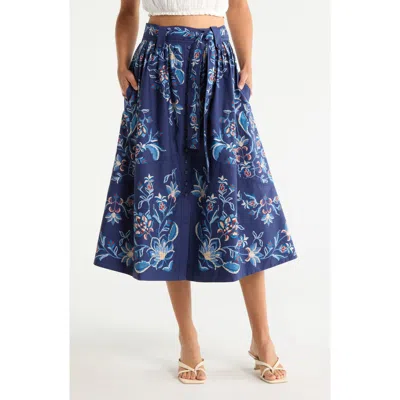 Farm Rio Winter Loom A-line Midi Skirt In Blue