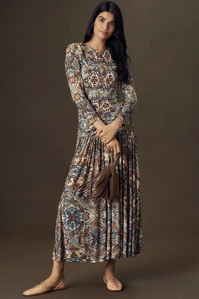 Farm Rio Winter Tapestry Long-sleeve Ruched Maxi Dress In Gray