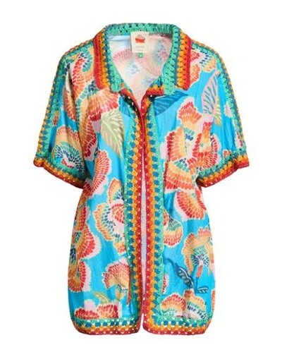 Farm Rio Woman Shirt Azure Size L Cotton In Blue