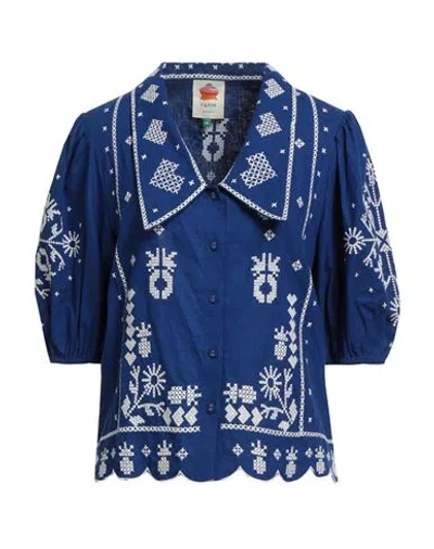 Farm Rio Woman Shirt Bright Blue Size M Linen, Viscose