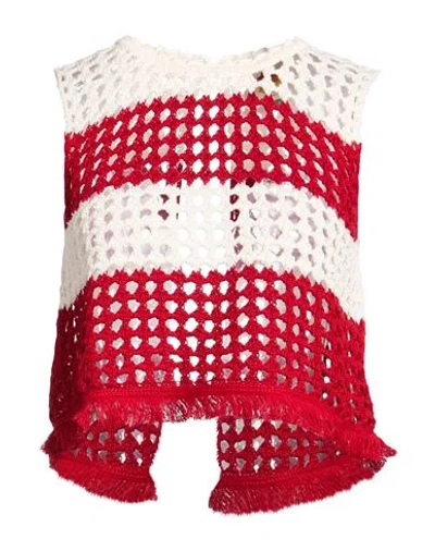 Farm Rio Fringed Striped Crocheted Cotton Tank In Red