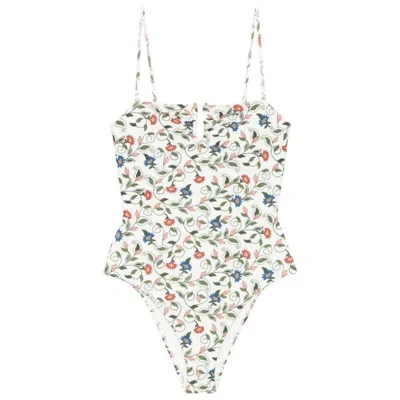 Farm Rio Women's Bandeau One-piece Swimsuit, Stitched Garden Off-white In Multi